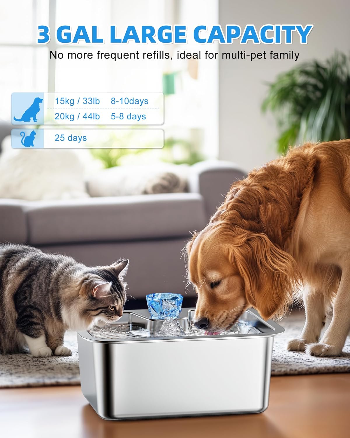 11L/3Galon Stainless Steel Large Pet Water Fountain with 4 Filters