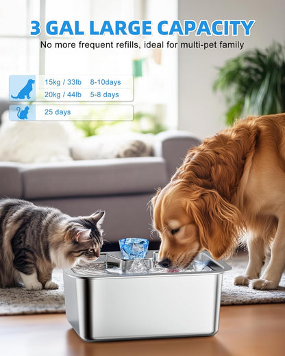 11L/3Galon Stainless Steel Large Pet Water Fountain with 4 Filters